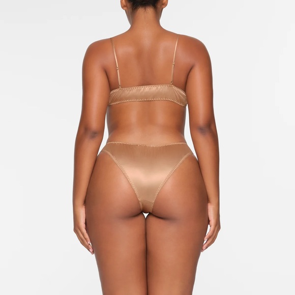 Skims Sleepover Satin Bralette and Hipster Set in Honey - Picture 2 of 4